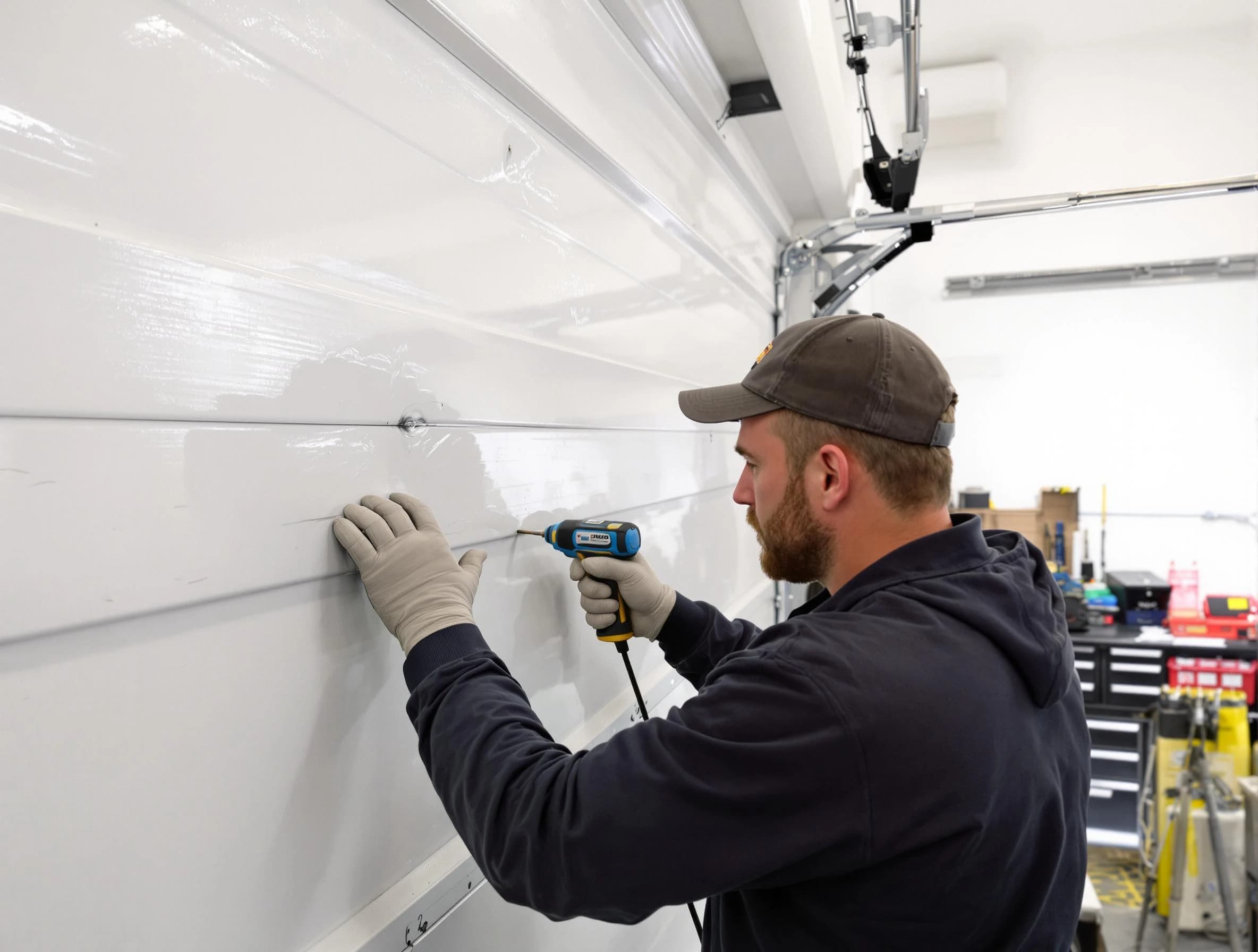 Attleboro Garage Door Repair technician demonstrating precision dent removal techniques on a Attleboro garage door