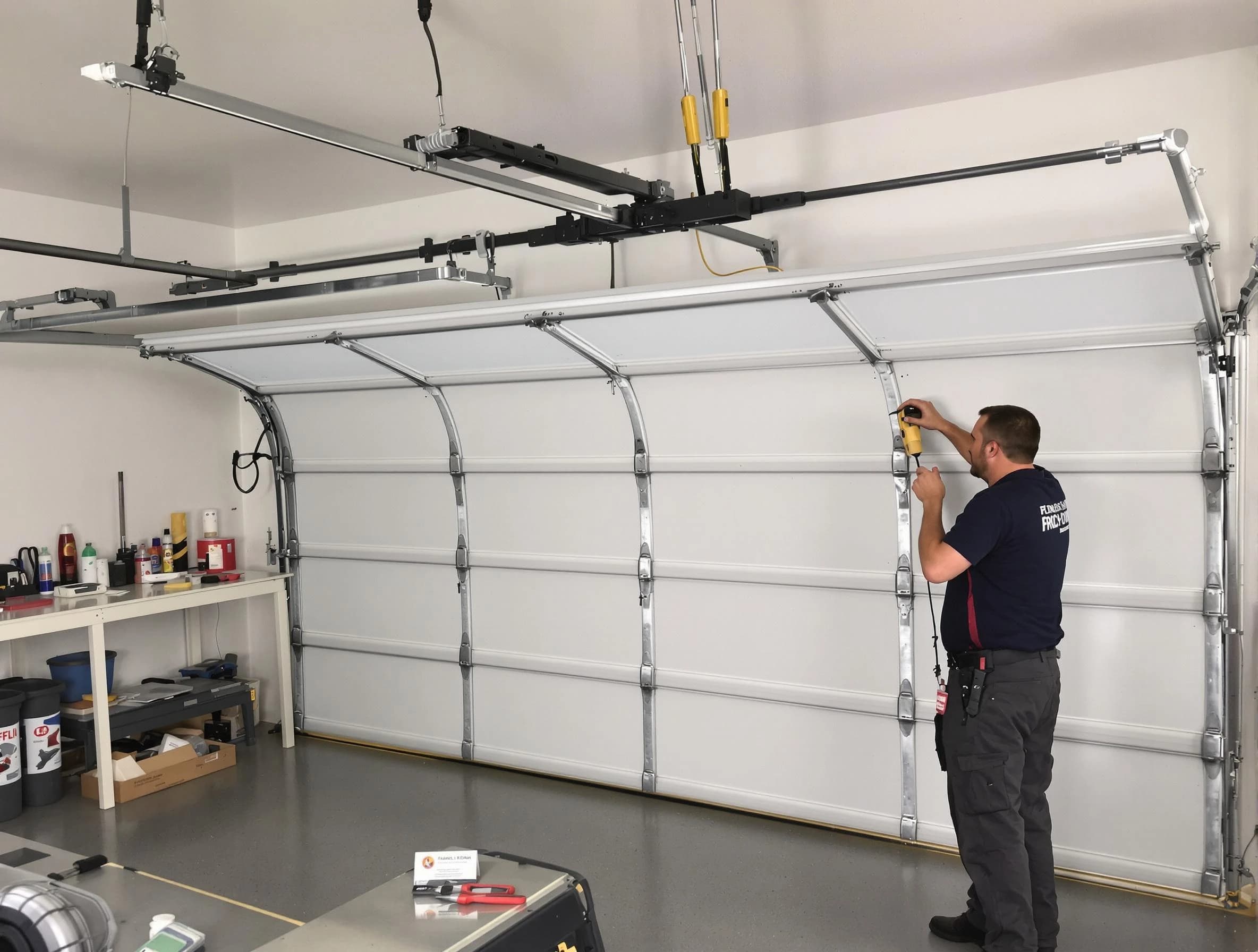 Attleboro Garage Door Repair certified technician performing overhead door system repair in Attleboro