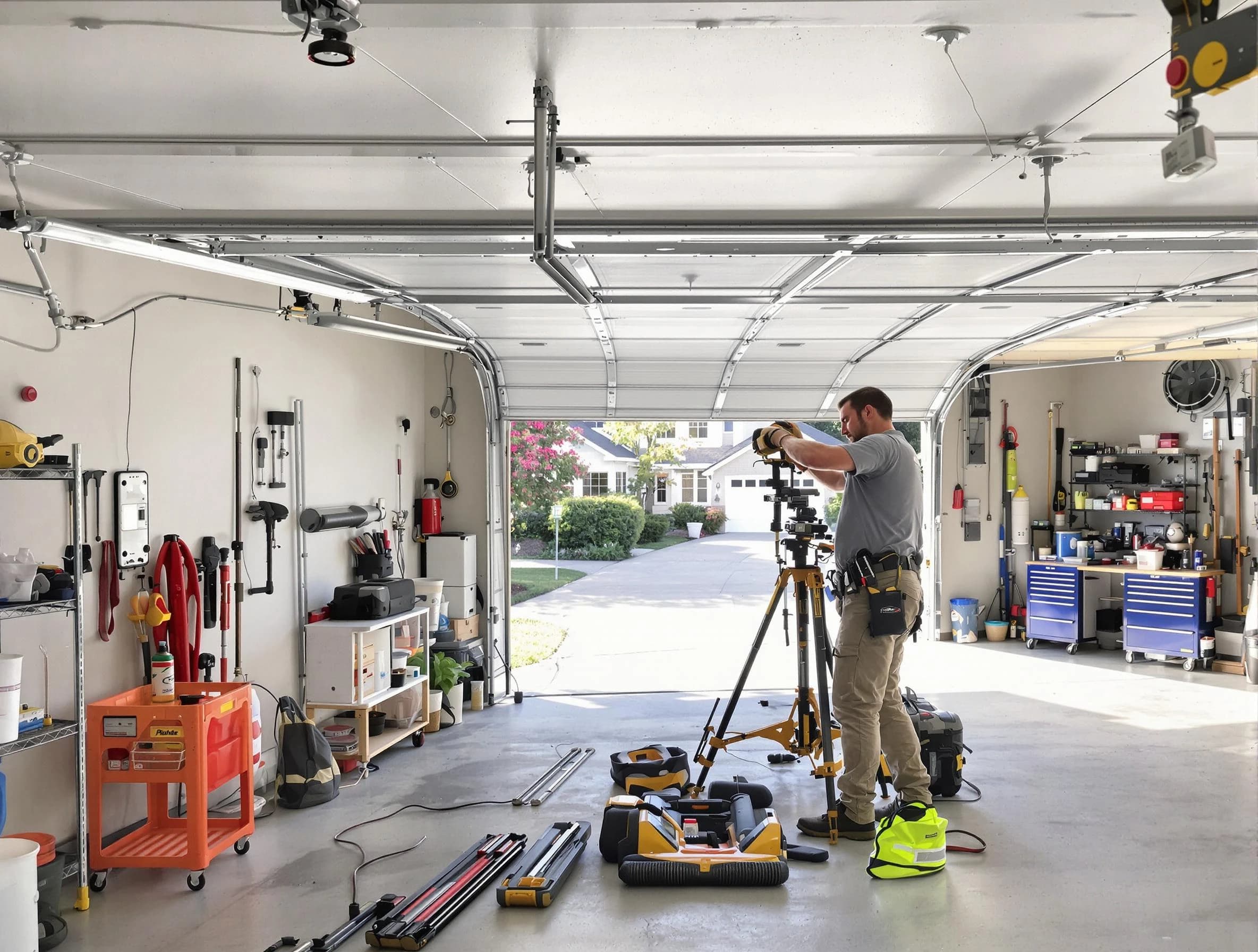 Attleboro Garage Door Repair specialist performing laser-guided track alignment in Attleboro